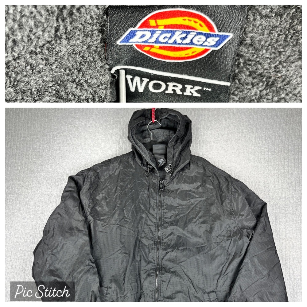 Dickies Work Jacket Mens Large Black Ripstop Fleece Lined Hooded Windbreaker L